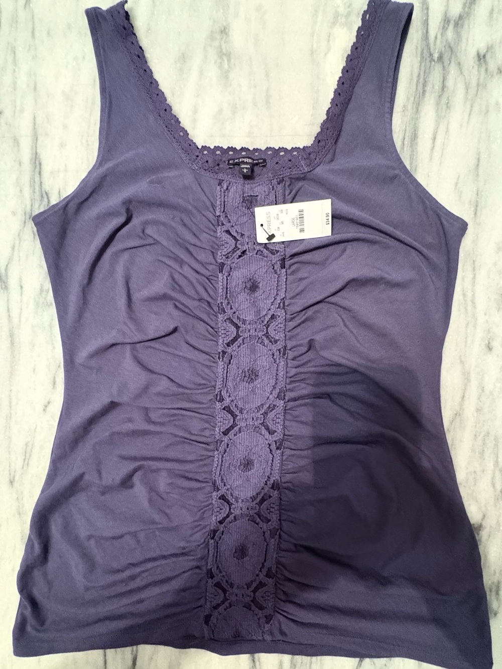 Express Purple Crochet-Front Tank Top size L vertical lace panel ruched sides